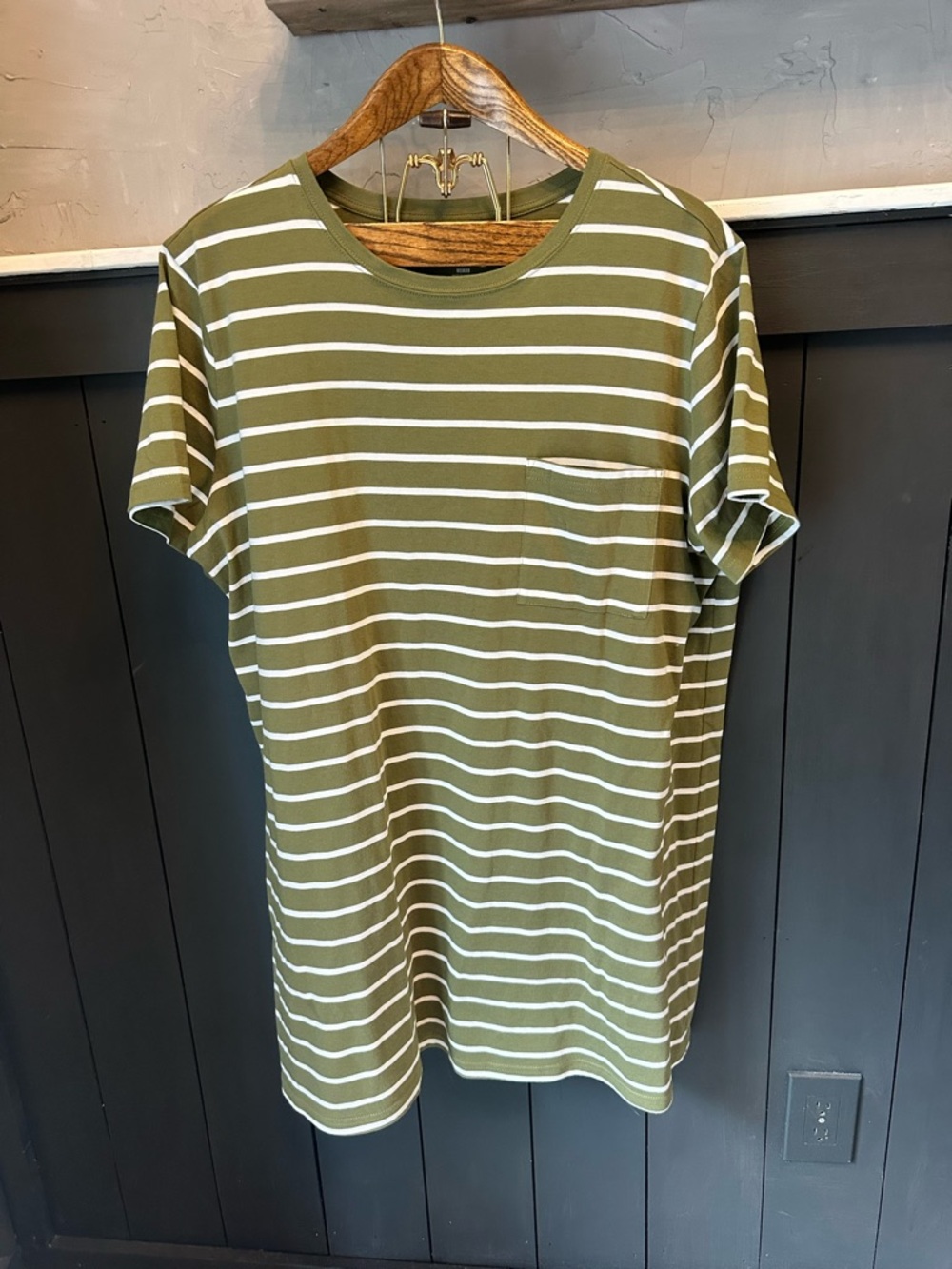 ANA Olive White Striped Long T Shirt Size 2X Plus Size Short Sleeve Tunic Top
